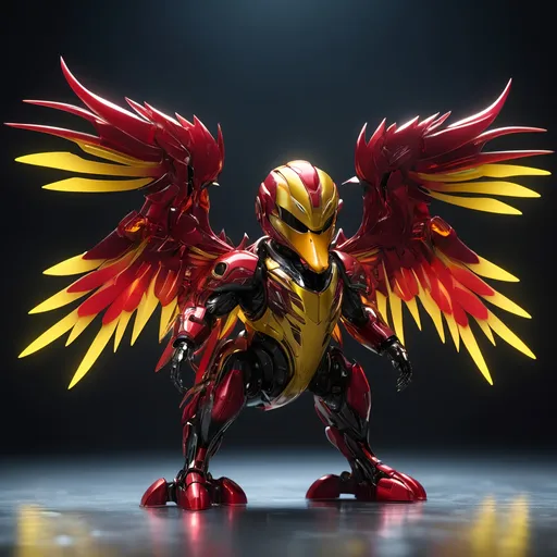 Prompt: small kawaii style duck mech, metallic and sleek design, futuristic sci-fi style, intense yellow and red color scheme, sparkling neon lights, mech wings, miniature scale, highres, ultra-detailed, sci-fi, futuristic, metallic sheen, intense color scheme, miniature scale, neon lights, detailed design, professional, atmospheric lighting