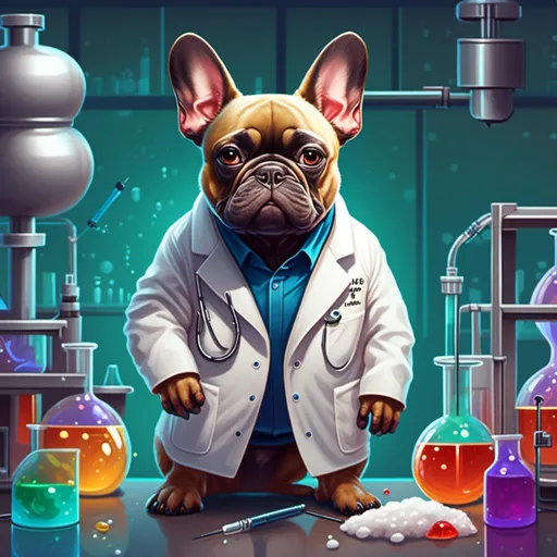 Prompt: <mymodel>French Bulldog synthesizing chemicals in a lab coat in a laboratory setting.