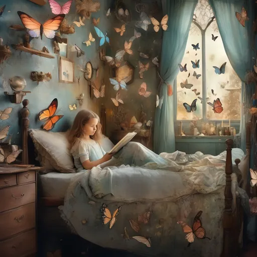 Prompt:  A cute girl in magical fantastic bedroom with whimsical animals , butterflies and art by Florence Harrison, Yulia Brodskaya, catrin Welz Stein, Rosalba Carriera, pol Ledent, Doug Chinnery, Maud Lewis, Valerie Hegarty, Endre Penovac, Justin Gaffrey. inlay, watercolors and ink, beautiful, fantastic view, extremely detailed, intricate, best quality, highest definition, rich colours. intricate beautiful dynamic lighting award winning fantastic view ultra detailed 4K 3D high definition hdr 