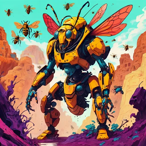 Prompt: Giant honeybee mech hunting some poor souls.
Science Fiction, Retrofuturism, Body horror, Cosmic Horror, Fine inking, Clean linework, comic illustration, flat shading, Colour transitions, Maximalism, Beautifully illustrated forms, beautiful background scenery, Warm and cold colour mix, Triadic colour palette, Dark vibrancy, Complexity, Storytelling, Dynamic Poses, High quality, Sharp focus, Tight colour range, Full scene, Filmic, 