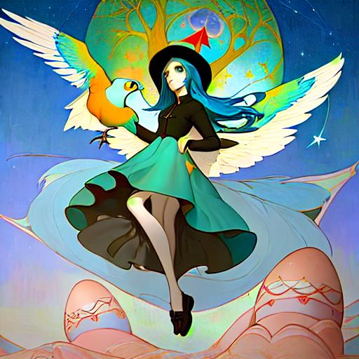 Prompt: In style of christian Schloe and daria Petrilli, a giant colorful bird flying with a beautiful cute girl with a very long and wild  ombre gradient blue hair on its back in a beautiful starry sky. Craquelure, egg tempera effect, Naive art, extremely detailed, optical illusion, oil painting 