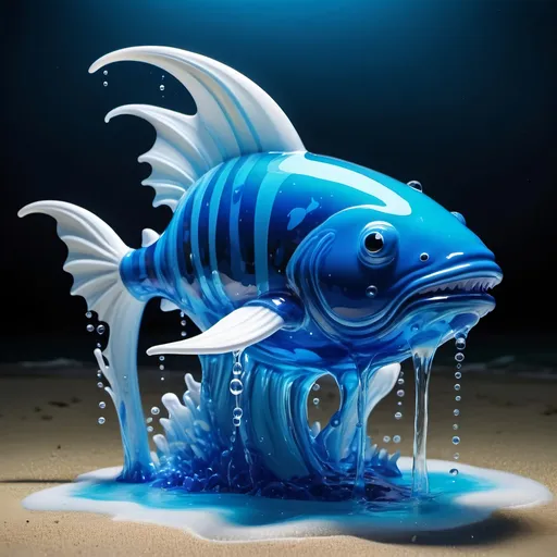 Prompt: A behemoth made of vivid blue water with white bubbles within and has fins and dripping with blue slime, background night beach, in vibrant glass art style