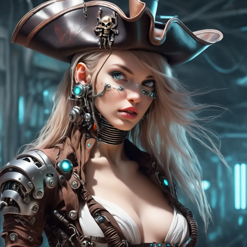 Prompt: Beautiful cybernetic female pirate.
