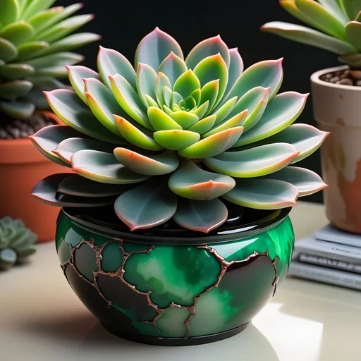 Prompt: Onyx and jade pot with neon succulent, highres, detailed, realistic painting, vibrant colors, natural lighting, intricate details, luxurious material, botanical illustration, elegant design, rich green tones, polished surfaces, high quality, realistic, succulent, onyx and jade pot, vibrant, natural lighting, intricate details, luxurious material, botanical illustration, elegant design, rich green tones, polished surfaces
