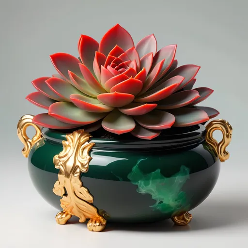 Prompt: Onyx and jade pot with neon red succulent, gold handles, highres, detailed, realistic painting, vibrant colors, natural lighting, intricate details, luxurious material, botanical illustration, elegant design, rich green tones, polished surfaces, high quality, realistic, succulent, onyx and jade pot, vibrant, natural lighting, intricate details, luxurious material, botanical illustration, elegant design, rich green tones, polished surfaces