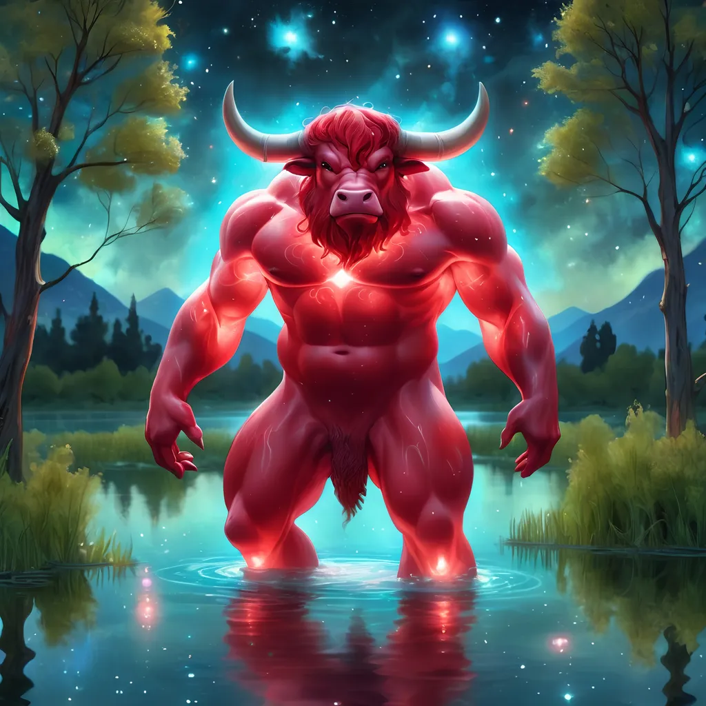 Prompt: An fantasy red translucent dwarf bull humanoid that is glowing on a lake surrounded by willows. Starry night. Bioluminescent. Beautiful. Majestic. Graceful. Terrifying. Powerful. Highly detailed painting. 8k.