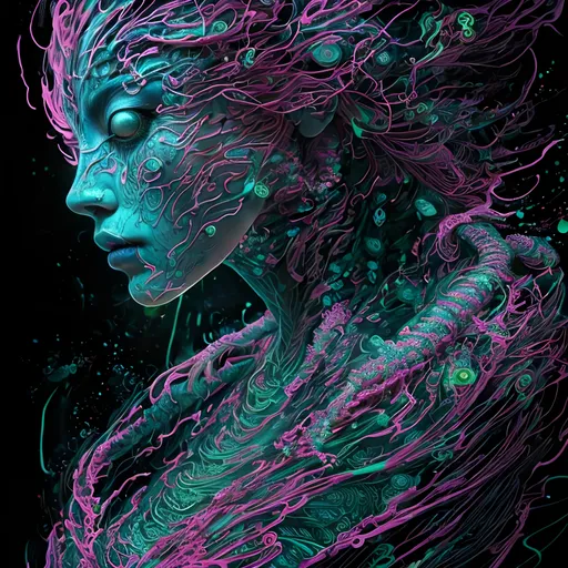 Prompt: neon art, full body Bioluminescent  tattoo, intricate detailed style of colourful, japanese gorgeous woman,  hyperdetailed Bioluminescent gases painting, heavy strokes, paint dripping glowing neon Bioluminescent paints and wild rift, sharp focus digital detailed by Mr Muz., Miki Asai Macro photography, close-up, hyper detailed, trending on artstation, sharp focus, studio photo, intricate details, highly detailed, by greg rutkowski, Bioluminescent skin, bioluminscent silk kimono