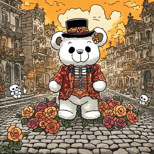 Prompt: a teddy bear dressed in dias de los muertos attire, he is surrounded by an old cobblestone city background.
<mymodel>