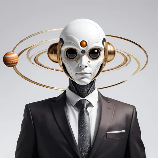 Prompt: a heliocentric humanoid with a head made of the planet Saturn, orbiting planets around head, rings, white background, hyperrealistic, wearing a suit, dynamic cinematic composition, full profile