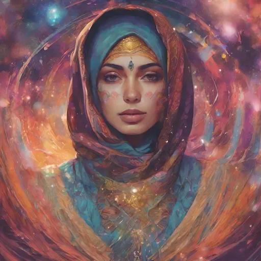 Prompt: Beautiful woman in hijab shooting galaxies from her eyes, digital illustration, cosmic atmosphere, intense gaze, flowing hijab with cosmic patterns, vibrant and dreamy, high quality, cosmic digital art, radiant colors, ethereal lighting