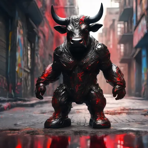 Prompt: A black and red translucent small dwarf bull humanoid made of black carbon fiber, graffiti all over it, standing up in the ghetto, highly detailed painting, photorealistic, sparkles, magical atmosphere, 8k