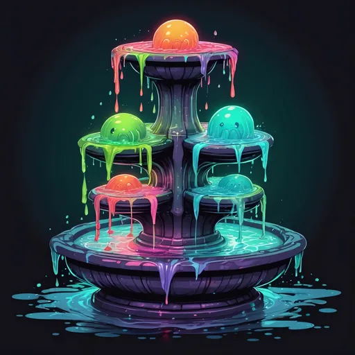 Prompt: A four-way fountain each side filled with strange glowing slime in many colors, in zen tangle art style
