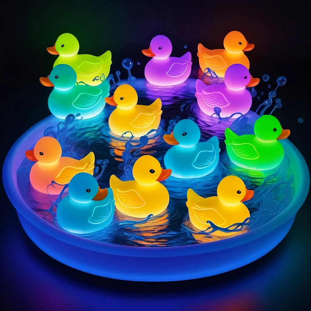 Prompt: A four-way fountain each side filled with strange glowing dancing rubber duck shaped slimes in many colors, in zen tangle art style
