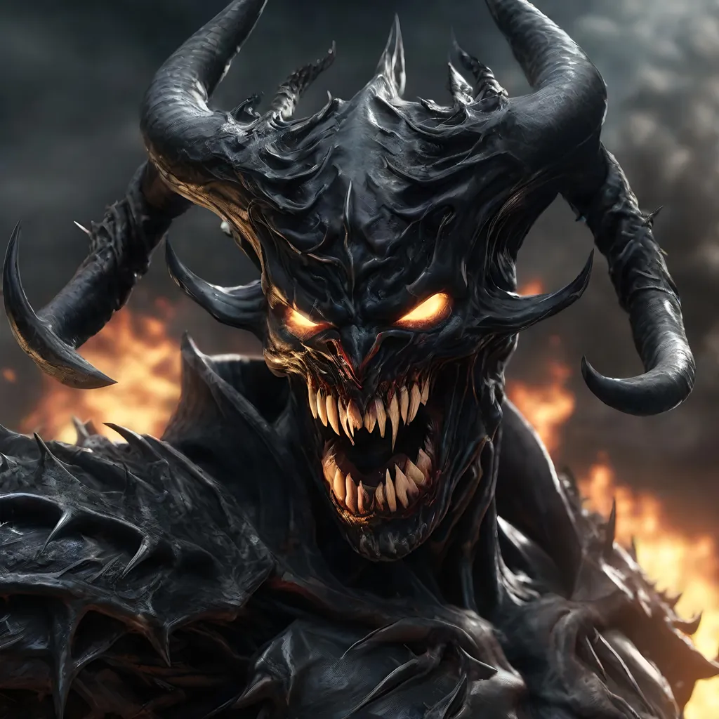 Prompt: Death Knight with a Venom mouth (Venom movie), with horns forward on his forehead, fire eyes, Hyperrealistic, sharp focus, Professional, UHD, HDR, 8K, Render, electronic, dramatic, vivid, pressure, stress, nervous vibe, loud, tension, traumatic, dark, cataclysmic, violent, fighting, Epic