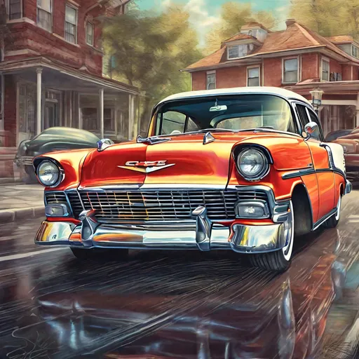 Prompt: Highly detailed 1956 Chevy illustration, classic car, vintage vehicle, glossy finish, vibrant colors, dynamic perspective, realistic shading, traditional illustration, classic American car, retro vibes, nostalgic atmosphere, best quality, highres, ultra-detailed, classic car illustration, vintage, vibrant colors, traditional style, dynamic perspective, realistic shading, retro vibes, nostalgic atmosphere