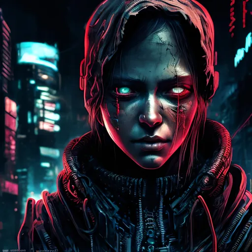 Prompt: Futuristic refugee in cyberpunk style, detailed facial features, highres, cyberpunk, dystopian, refugee, futuristic, detailed eyes, dramatic red lighting, warm tones, futuristic, urban setting, intense gaze, detailed clothing, dramatic shadows