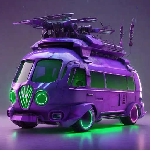 Prompt: Futuristic Volkswagen mini bus transformer in a dystopian future. Make it green. Add neon lights and antennas to the mini bus. Add turrets and cannons.  Purple mist surrounds it.