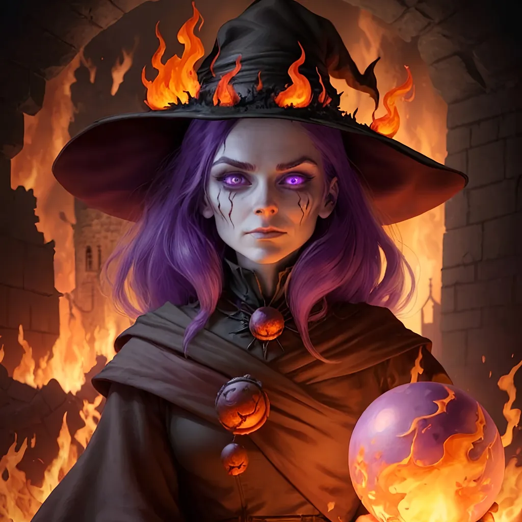 Prompt: fire witch face with small  number of flames on her cheeks holding a purple orb, background a burned castle