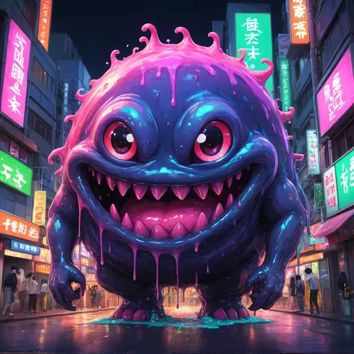 Prompt: Anime illustration of a vibrant slime monster, bright and vivid colors, urban Tokyo street setting, oozing texture, detailed gooey substance, playful and mischievous expression, neon-lit cityscape, high quality, anime, vibrant colors, ooze, Tokyo street, detailed texture, mischievous expression, urban setting, neon lights, highres, playful