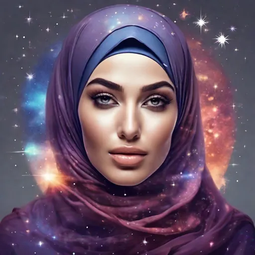 Prompt: beautiful woman in hijab exhaling smoke in the form of stars and galaxies.