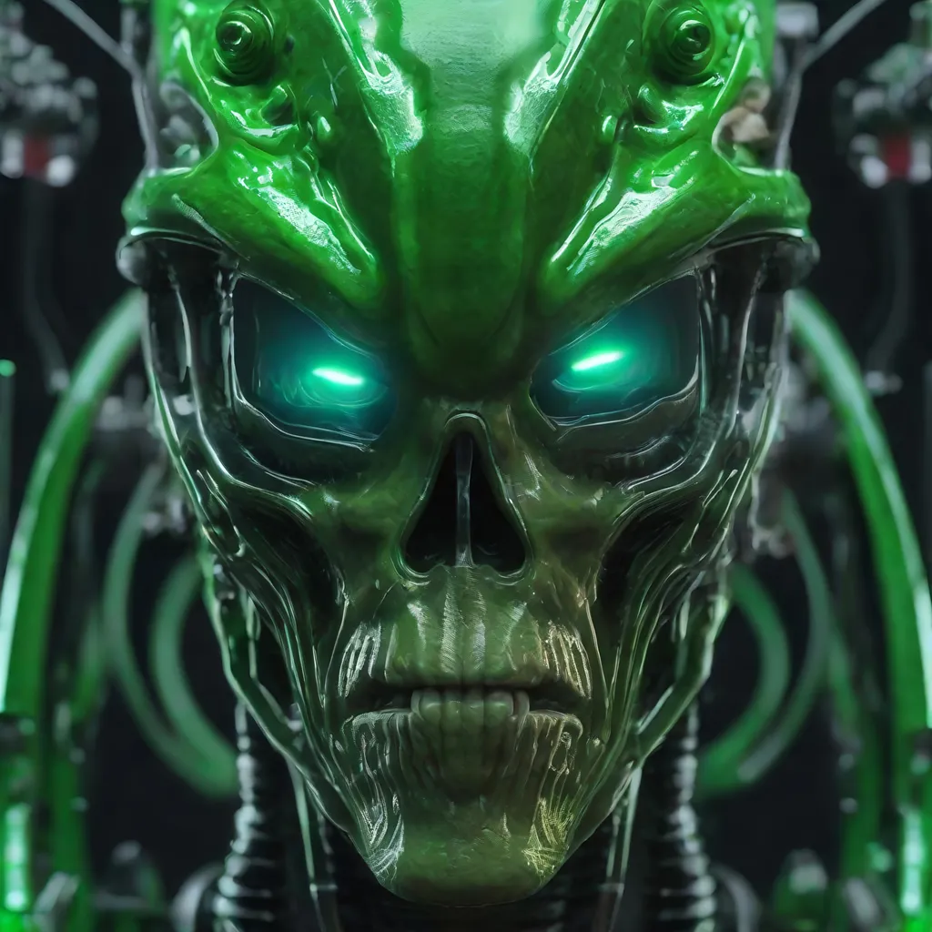 Prompt:   Alien green male hideous and deformed horror Fungoid head ,cybenetic gear, shooting guns, sharp focus, Professional, UHD, HDR, 8K,  Render, electronic, nervous vibe, loud, tension, dark, Epic