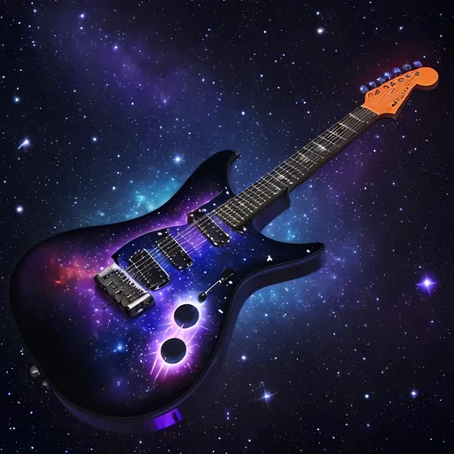 Prompt: Stars constellation in the shape of an electric guitar. Contrast background of deep-space nebulae, dominant colors of violet, blue, and orange. gentle flames around.