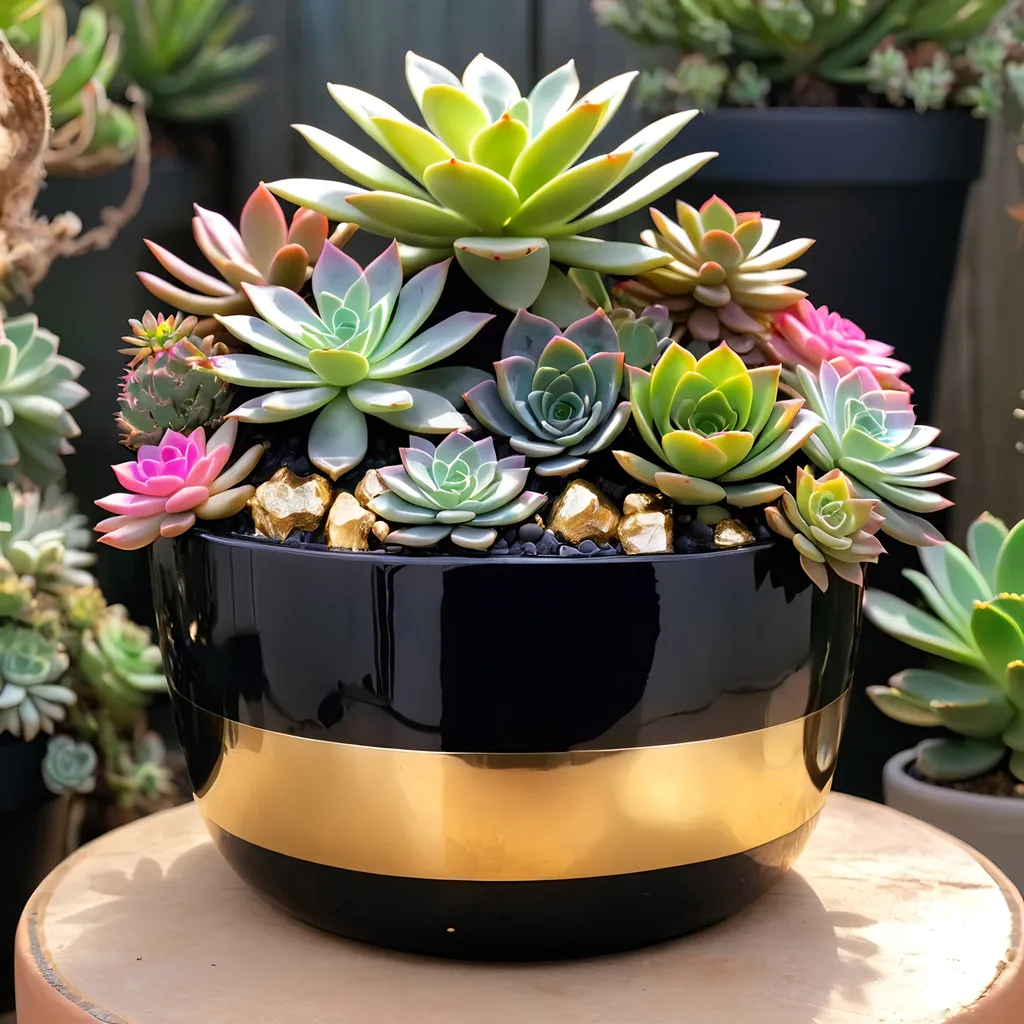 Prompt: giant Onyx and gold pot with neonsucculents inside.