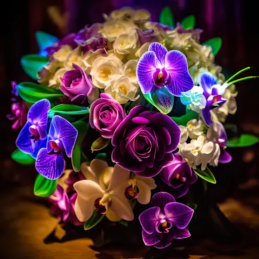 Prompt: Bouquet of brightly lit neon roses and orchids In the dark. Lots of purple.