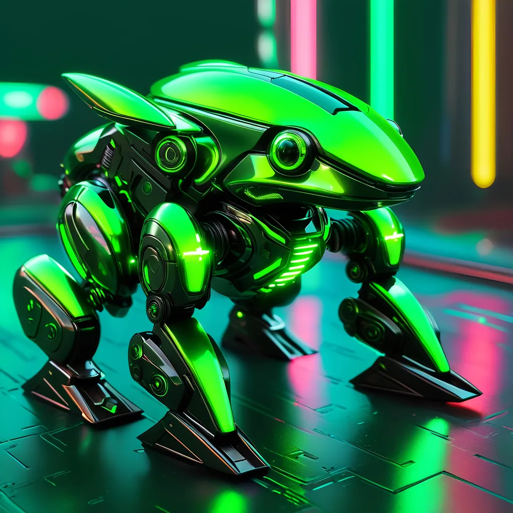 Prompt: Tiny frog mech, metallic and sleek design, futuristic sci-fi style, intense green and black color scheme, sparkling neon lights, miniature scale, highres, ultra-detailed, sci-fi, futuristic, metallic sheen, intense color scheme, miniature scale, neon lights, detailed design, professional, atmospheric lighting