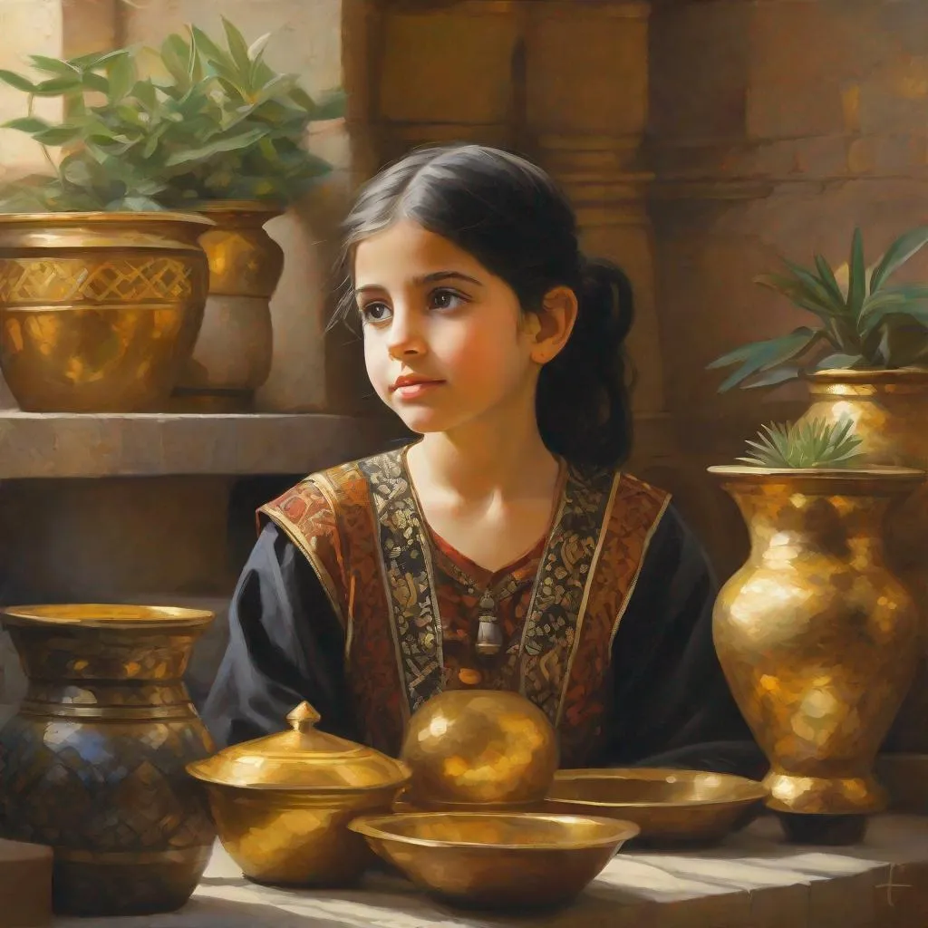 Prompt: A 10 year old Syrian girl, pale skin, black hair, pigtails, brown eyes, traditional Syrian dress, Old Damascus, surrounded by gold and onyx pots filled with different plants, photorealistic, extremely detailed painting by Greg Rutkowski by Steve Henderson