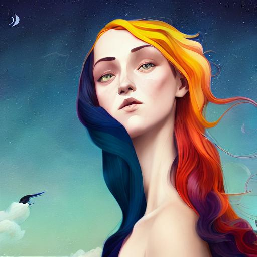 Prompt: In style of christian Schloe and daria Petrilli, a giant colorful bird flying with a beautiful cute girl with a very long and wild  ombre gradient blue hair on its back in a beautiful starry sky. Craquelure, egg tempera effect, Naive art, extremely detailed, optical illusion, oil painting 