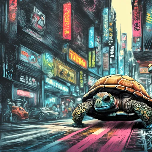 Prompt: pop art chalk pastel art of detailed tortoise wearing USA clothes playing in the streets in cyberpunk japan during a festival, sketch, detailed background, highres, fun atmosphere, natural lighting,  abstract, fun