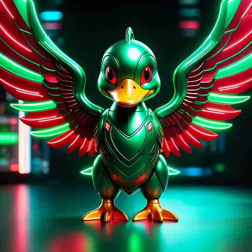 Prompt: small kawaii style duck mech, metallic and sleek design, futuristic sci-fi style, intense green and red color scheme, sparkling neon lights, mech wings, miniature scale, highres, ultra-detailed, sci-fi, futuristic, metallic sheen, intense color scheme, miniature scale, neon lights, detailed design, professional, atmospheric lighting