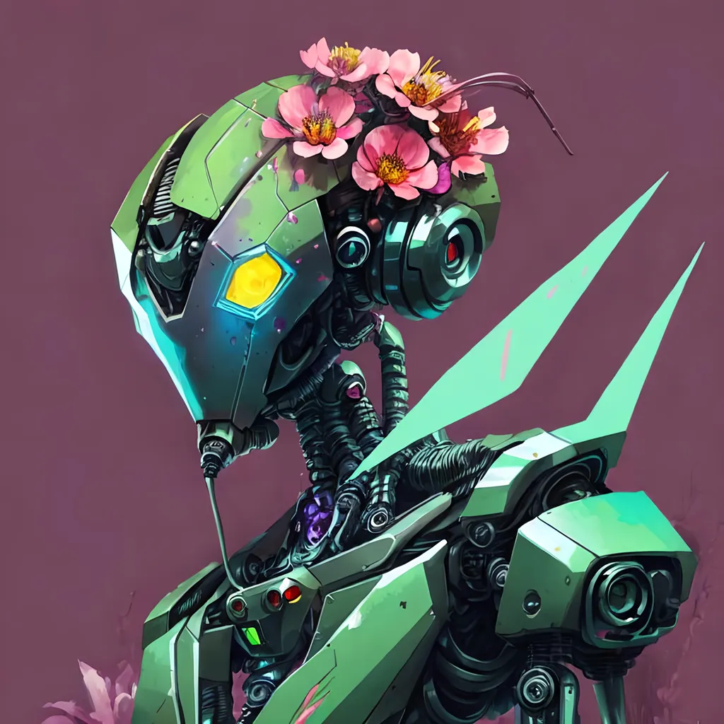 Prompt: cartoon mantis robot , cyberpunk tones, cyberpunk colors, mechanical environnement with flowers and vegetation
