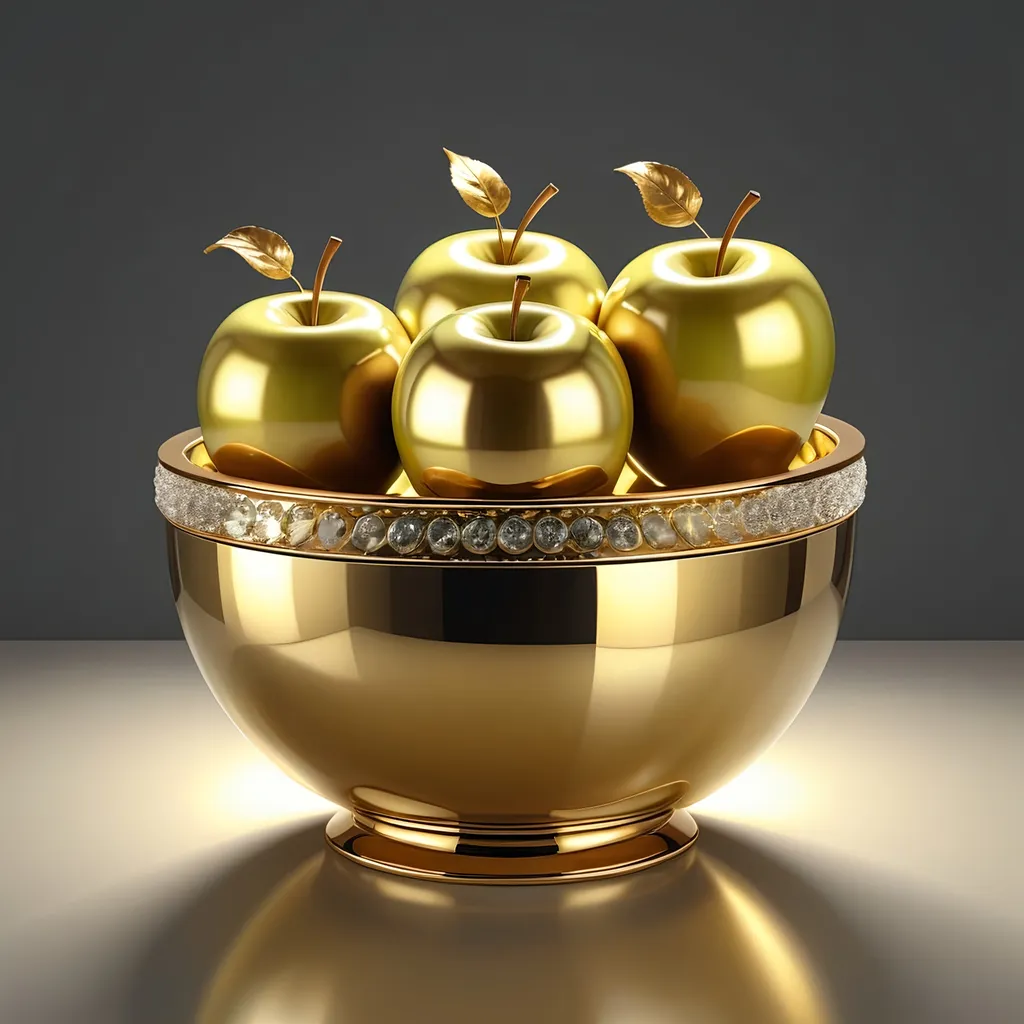 Prompt: Metallic gold apples in a crystal pot, high-quality 3D rendering, realistic, luxurious, golden lighting, detailed reflections, crystal-clear, opulent, elegant, gold, apples, crystal, luxury, 3D rendering, high-res, detailed, realistic lighting