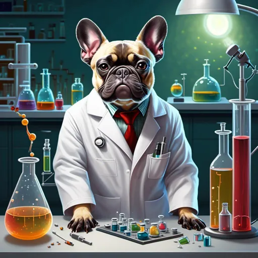 Prompt: <mymodel>French Bulldog synthesizing chemicals in a lab coat in a laboratory setting.