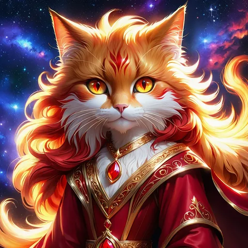 Prompt: wizard cat with {red fur} and {ruby red eyes}, senior female cat, fire element, flame, Erin Hunter, gorgeous anime portrait, beautiful cartoon, 2d cartoon, beautiful 8k eyes, elegant {red fur}, pronounced scar on chest, fine oil painting, modest, gazing at viewer, beaming red eyes, glistening red fur, low angle view, zoomed out view of character, 64k, hyper detailed, expressive, timid, graceful, beautiful, expansive silky mane, deep starry sky, golden ratio, precise, perfect proportions, vibrant, standing majestically on a tall crystal stone, hyper detailed, complementary colors, UHD, HDR, top quality artwork, beautiful detailed background, unreal 5, artstaion, deviantart, instagram, professional, masterpiece