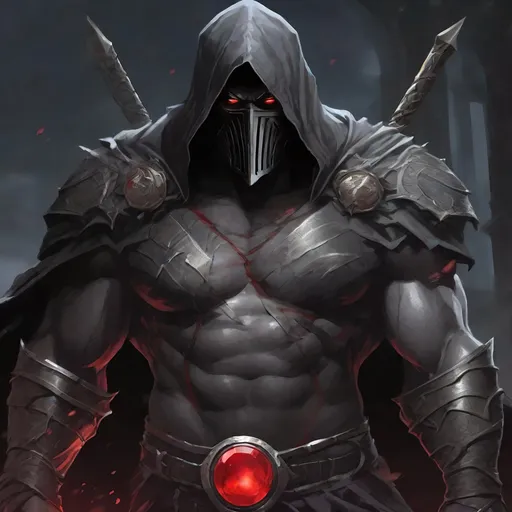 Prompt: Tall, Intimidating, Large, male, Solomon Grundy/goliath D&D build, black hair,  very dark grey scarred skin, covered in bandages, dark tattered cloth armor exposes his midriff, hood of magical darkness that completely shrouds his face with a mask of darkness, large red gem between pecs in chest, Path of the Zealot Barbarian, Strong, wielding large two-handed great-axe, Fantasy setting, D&D, Dead clerics around him, undead, zombie