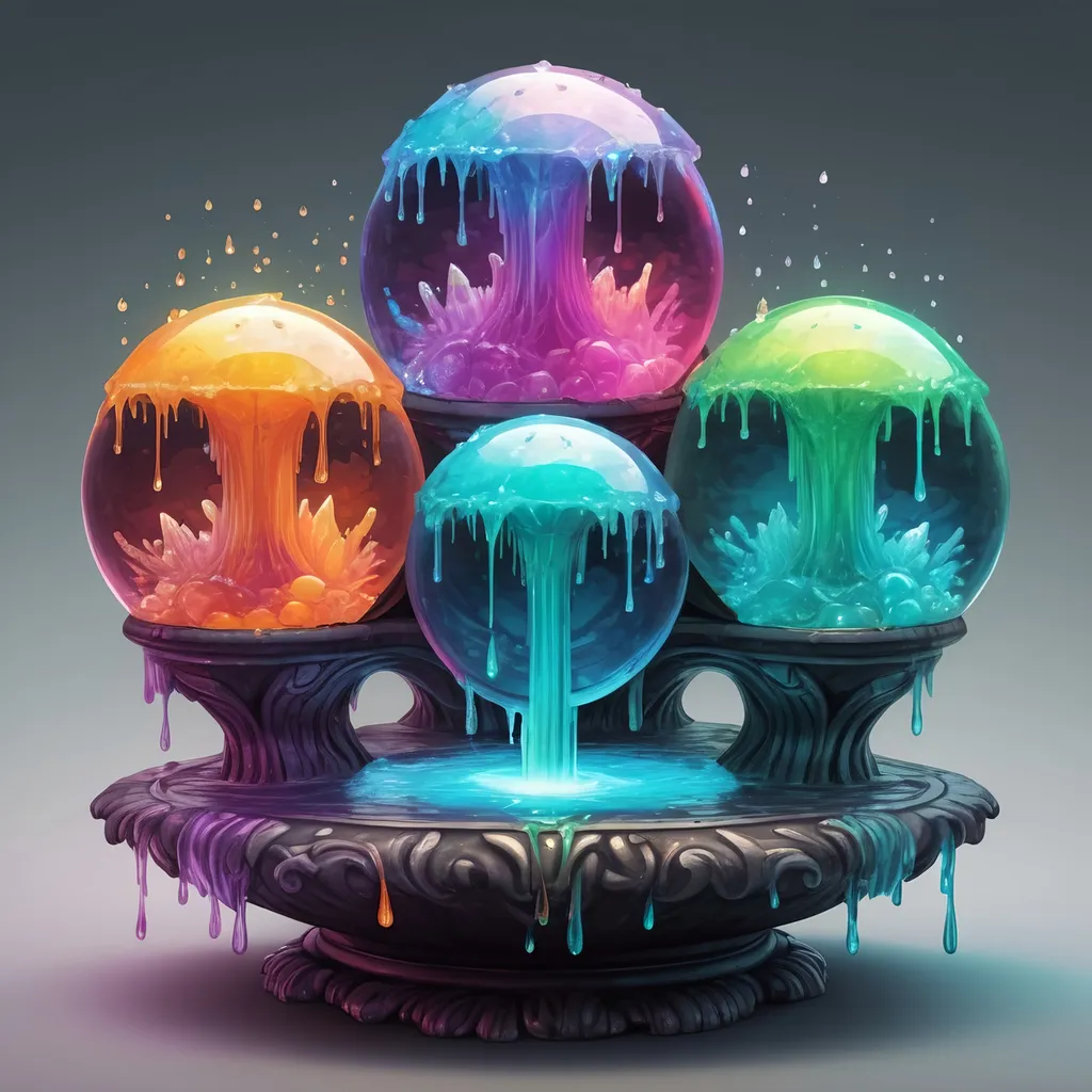 Prompt: A four-way fountain each side filled with strange glowing dancing crystal sphere dripping slime in many colors, in zen tangle art style
