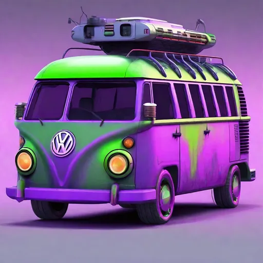 Prompt: Futuristic Volkswagen mini bus in a dystopian future. Make it green. Add neon lights and antennas to the mini bus. Add turrets and cannons.  Purple mist surrounds it.