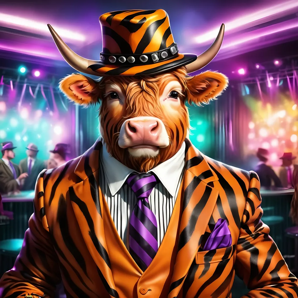 Prompt: Highland cow wearing a tiger striped suit wearing a tiger striped pimp hat and matching tie. Nightclub background.