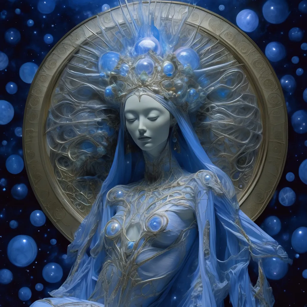 Prompt: celestial moon goddess wrapped in UV light tubes, by Guo Pei, Brian Froud, and Alex Grey 