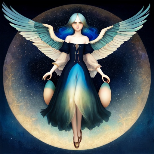 Prompt: In style of christian Schloe and daria Petrilli, a giant colorful bird flying with a beautiful cute girl with a very long and wild  ombre gradient blue hair on its back in a beautiful starry sky. Craquelure, egg tempera effect, Naive art, extremely detailed, optical illusion, oil painting 