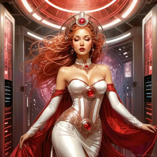 Prompt: Luis Royo masterpiece art style, light brown skinned futuristic cybernetic princess, elaborate red, ruby, rose gold colored fantasy wedding gown, magically appears in a high security cyberpunk server room, thin, tall white bald man jumps back, surprised expression, elaborate gown details, high quality, detailed, fantasy, retro-futuristic, princess, cyberpunk, server room, rich color tones, dramatic lighting