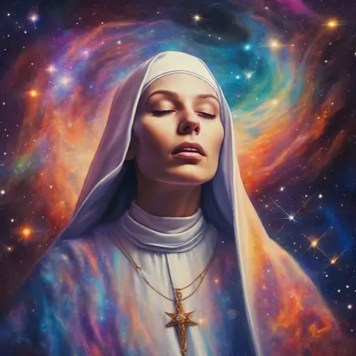 Prompt: Nun exhaling galaxies and stars, cosmic art medium, ethereal aura, vibrant colors, high quality, surreal, cosmic, detailed veils, celestial lighting, mystical atmosphere