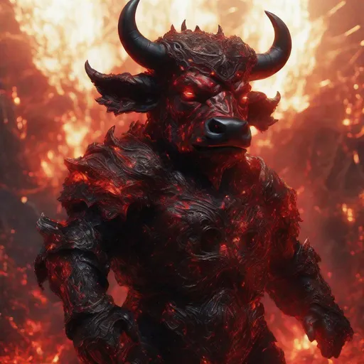 Prompt: A red and black translucent dwarf bull humanoid made of the element fire in hell, highly detailed painting, photorealistic, sparkles, magical atmosphere, 8k