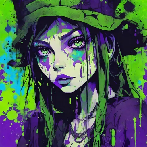 Prompt: Highly Detailed Ink Splatter Grunge, a big acid green, deep purples eyed witchy cute girl, in a dark castle, Manga style, pretty face, full body, chipped peeling, cracked course, saturated colourful, textured paint, negative-digital, abstract background, graffiti tags, neon blues, intricate background, luminism, ultra detailed, 32k, Fantastic realism complex background, dynamic lighting, lights, digital painting, 3D effect, intricate pose, intricate highly detailed, art by Konstantin Makovsky, Mandy Disher and Victoria Francis
, Broken Glass effect, no background, stunning, something that even doesn't exist, mythical being, energy, molecular, textures, iridescent and luminescent scales, breathtaking beauty, pure perfection, divine presence, unforgettable, impressive, breathtaking beauty, Volumetric light, auras, rays, vivid colors reflects