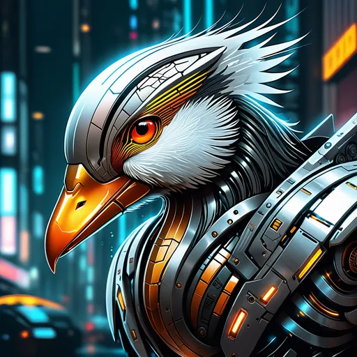 Prompt: Futuristic sci-fi illustration of a metallic mandarin duck mech, sleek design, detailed metal textures, high-tech enhancements, intense and focused gaze, cool-toned lighting, urban cyberpunk setting, best quality, highres, ultra-detailed, sci-fi, futuristic, metallic, sleek design, detailed textures, intense gaze, cool-toned lighting, cyberpunk