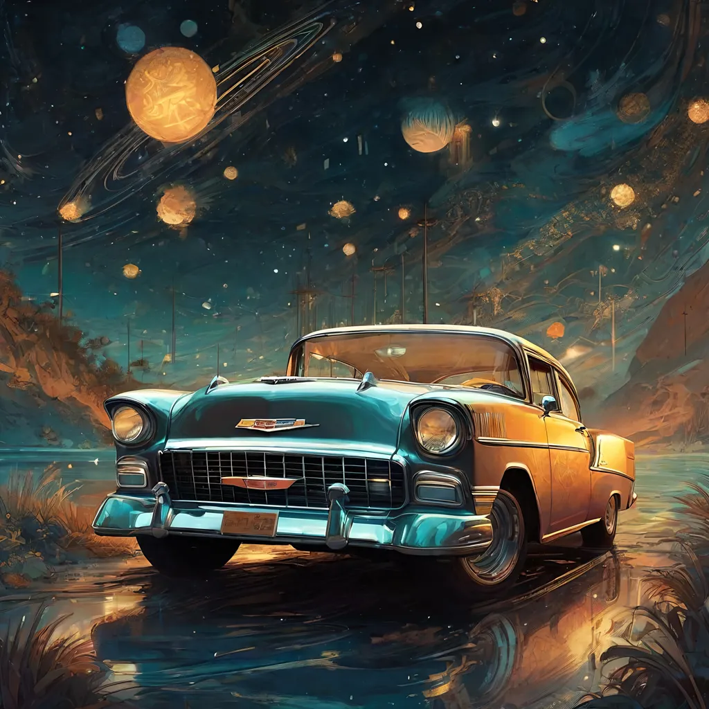 Prompt: a beautiful 55 chevy, starry sky, highly detailed, intricate motifs, organic tracery, perfect composition, digital painting, artstation, concept art, smooth, sharp focus, illustration, Carne Griffiths,  Victo ngai, Jean Baptiste Monge, shiny aura, old but robust, bright but deep 