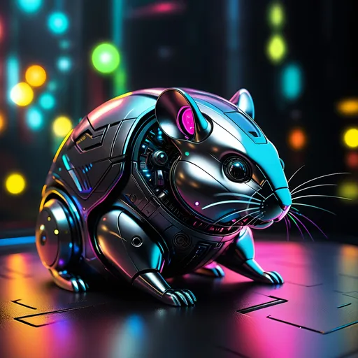 Prompt: Tiny Syrian hamster mech, metallic and sleek design, futuristic sci-fi style, intense grey and black color scheme, sparkling neon lights, miniature scale, highres, ultra-detailed, sci-fi, futuristic, metallic sheen, intense color scheme, miniature scale, neon lights, detailed design, professional, atmospheric lighting